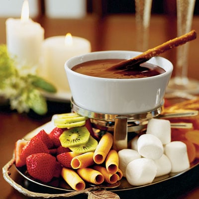 Chocolate Fondue with marshmallows and fresh fruits