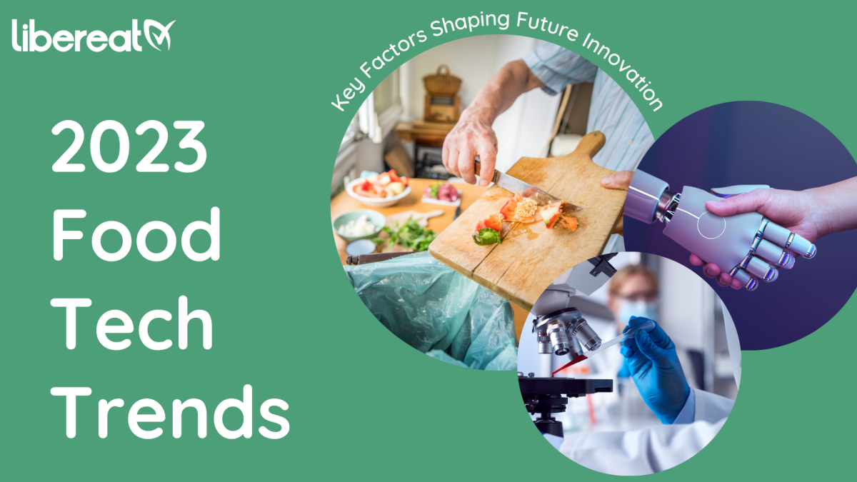 title card with green back ground and three images; one of food waste, one of a robot and human shaking hands and another of lab equipment with the text 'Food Tech Trends 2023:'
