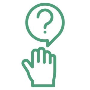 Outlined Icon of raised hand with a question mark enclosed within a speech bubble rising from it