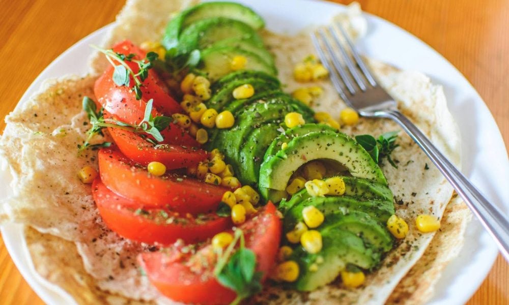 Tomato, avocado, sweetcorn and basil tortilla